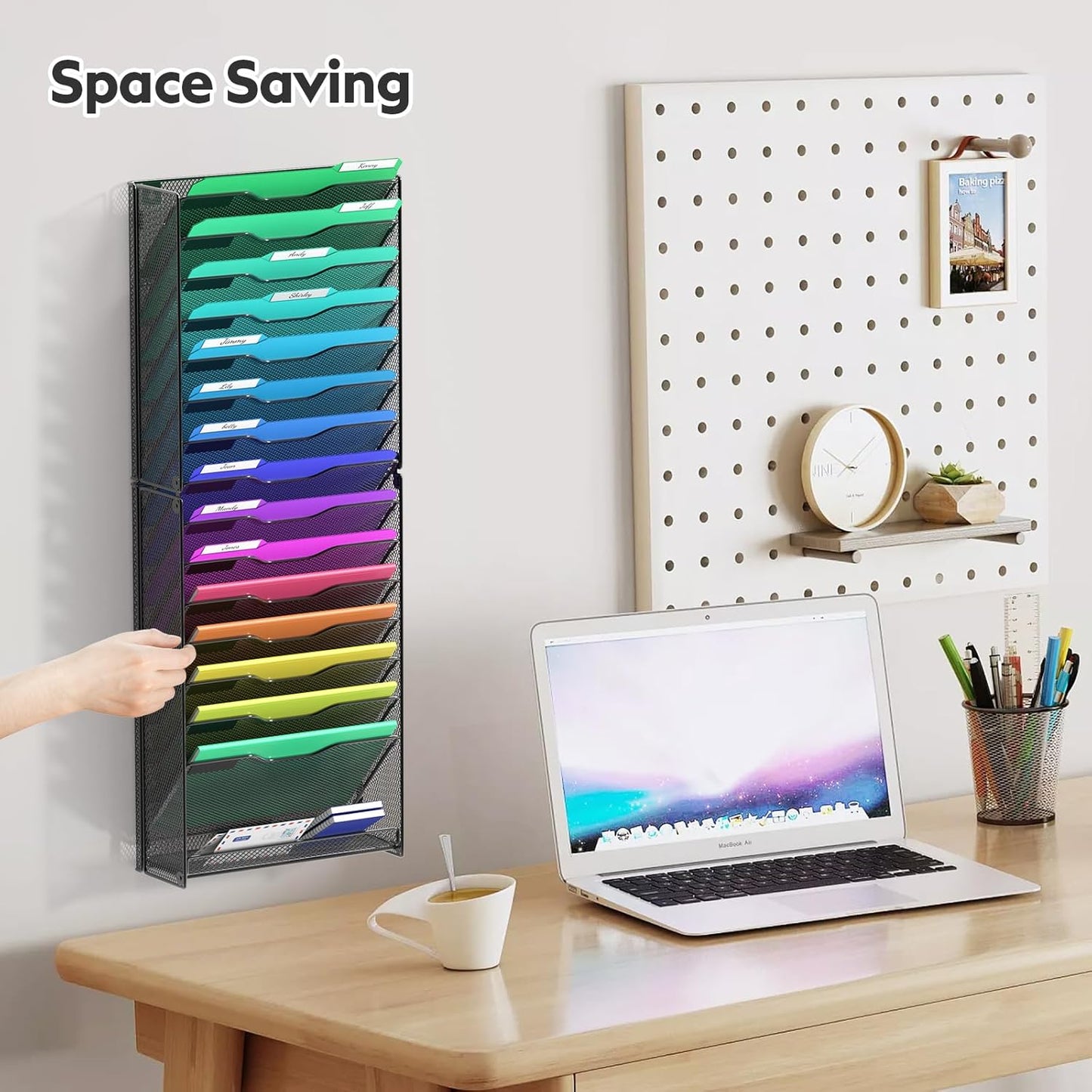 samstar 10 Tier Wall File Organizer, Hanging Wall Mount File Holder Paper Folder Mail Organizer, Mesh Metal, Black.