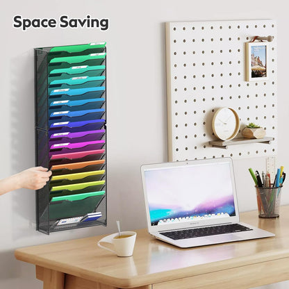 samstar 10 Tier Wall File Organizer, Hanging Wall Mount File Holder Paper Folder Mail Organizer, Mesh Metal, Black.