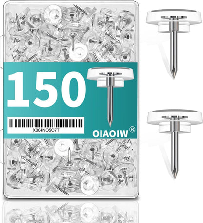 150 PCS Clear Push Pins Tacks Count in Reusable Box for Bulletin Boards and Wall Displays Heavy Duty Plastic Head