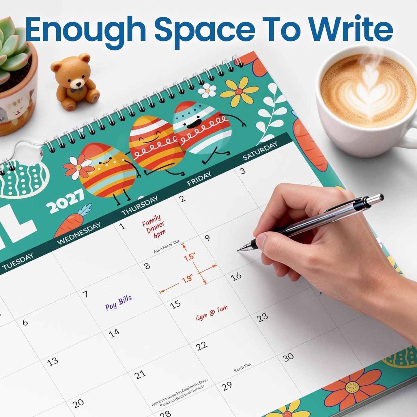 SUNEE Wall Calendar 2026 21 Months Apr. 2026 - Dec. 2027, 14.5"x11.5" Big Grid Hanging Calendar with Note for Organizing & Planning, Monthly Calendar 2026-2027 with Last Month and Next Month, White