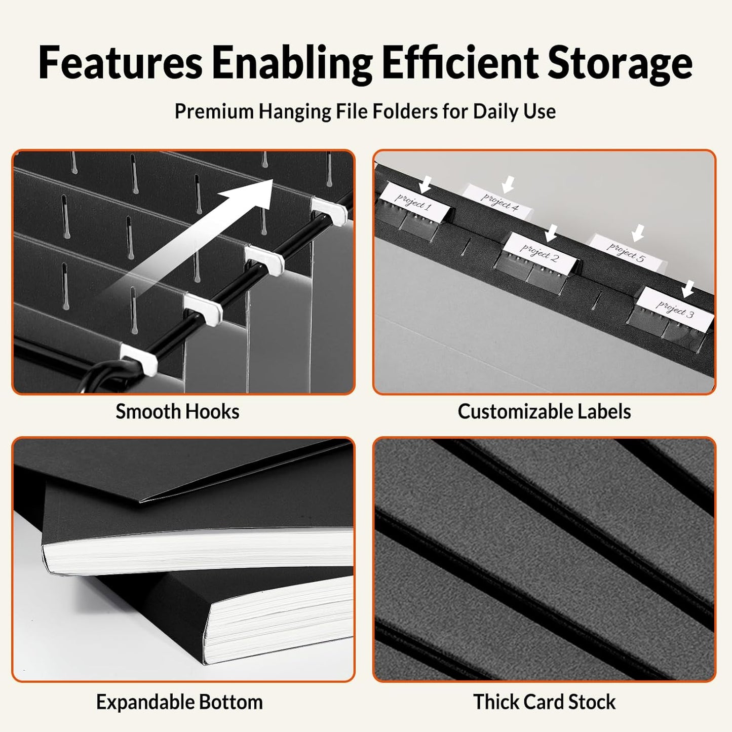 SUNEE Hanging File Folders Legal Size, Black File Folders 25 Pack 1/5-Cut Tabs, Stay Organized for Your Home and Office Bulk File and Documents