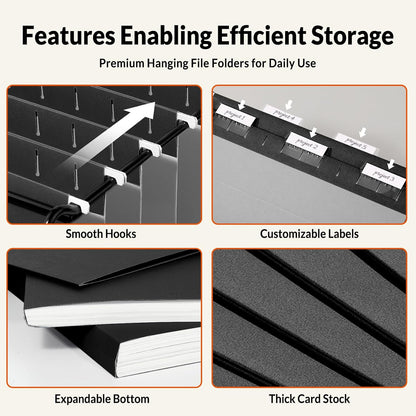 SUNEE Hanging File Folders Legal Size, Black File Folders 25 Pack 1/5-Cut Tabs, Stay Organized for Your Home and Office Bulk File and Documents