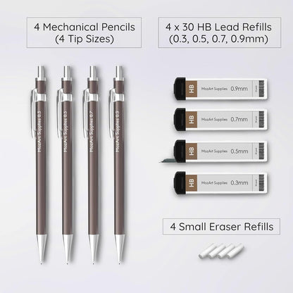 Mozart Essential Set of Lead Refills - 4 Sizes: 0.3, 0.5, 0.7 & 0.9 mm with 100 HB Lead Refills for Each - for Sketch, Architecture, Drafting, Art, Drawing Supplies, Metal Mechanical Pencils