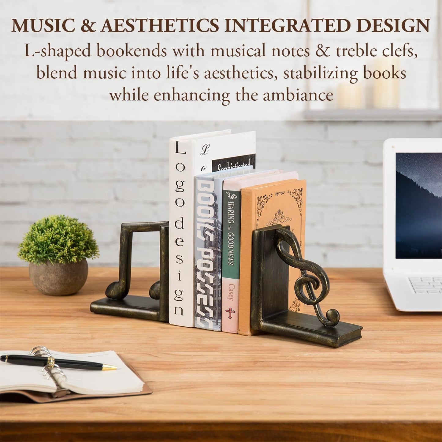 MyGift Tabletop Decorative Bookends, Elegant Brown Resin L-Shaped Desktop Book End Holders with Sculpted Musical Notes, 2 Piece Set