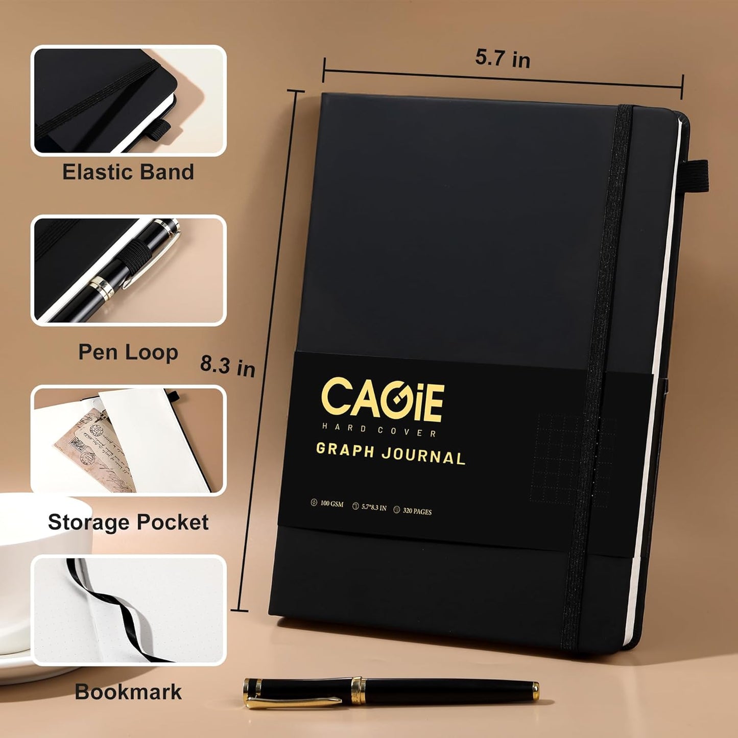 CAGIE Bullet Dotted Journal Notebook 320 Pages 100 GSM Paper Hardcover A5 Dot Grid Notebook Leather Journals for Writing Women Men Work Journaling, Green