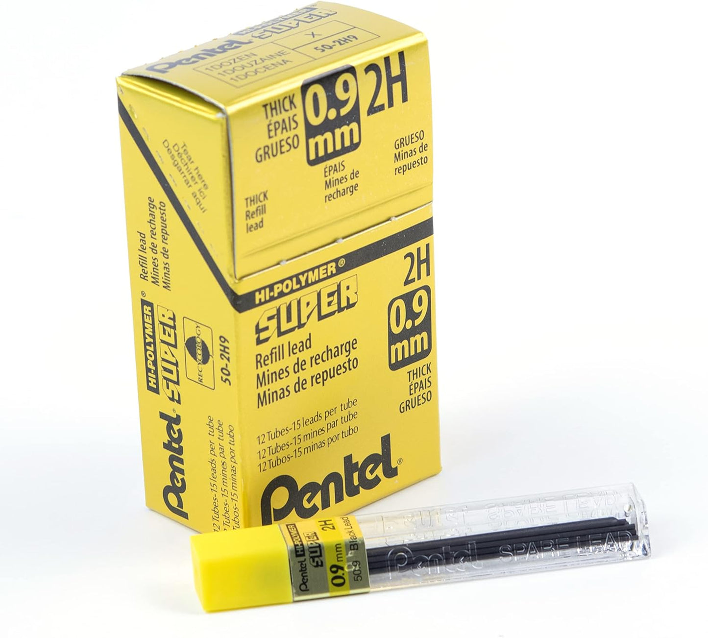 Pentel Super Hi-Polymer Lead Refill, (0.9mm) Thick, 2B, 180 Pieces of Lead, 12 Tubes of Lead (50-9-2B)