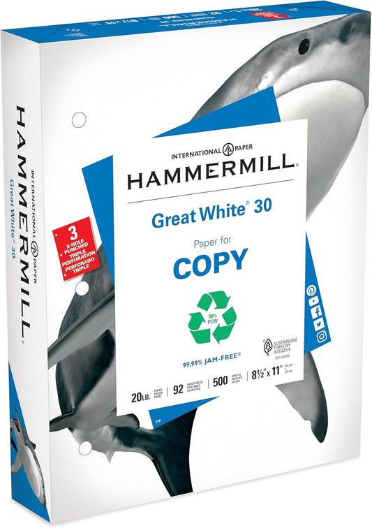 Hammermill Printer Paper, Great White 30% Recycled Paper, 8.5 x 11 - 3 Ream (1,500 Sheets) - 92 Bright, Made in the USA