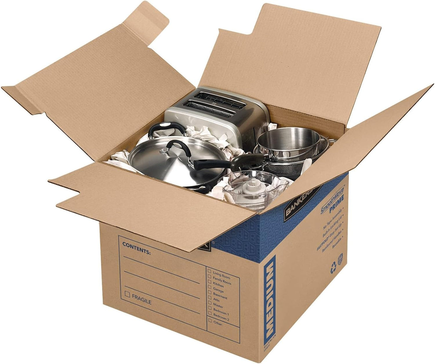 Bankers Box Large Prime Moving Box 6 Pack, Reinforced Handles, Tape-Free Assembly, Attached Lid, 18-in x 18-in x 24-in (0062904)