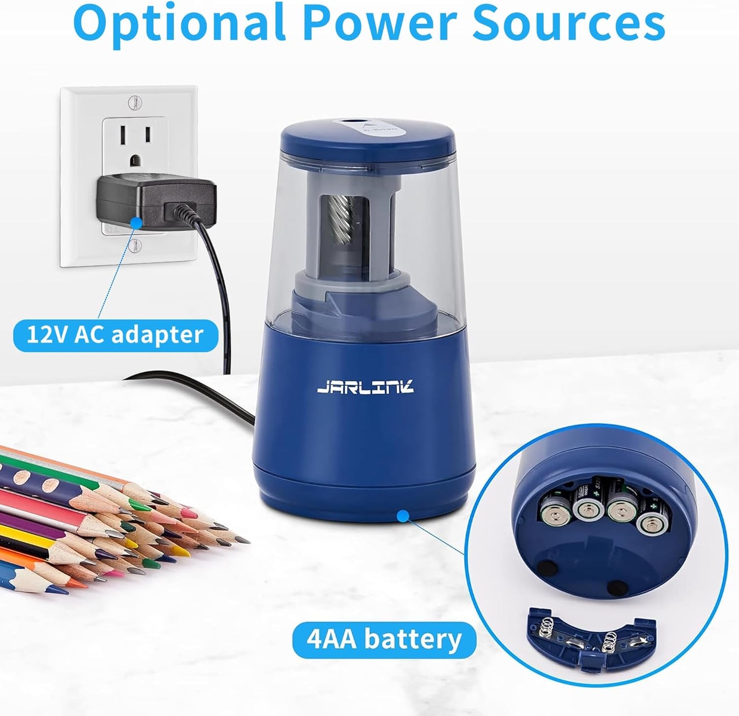 JARLINK Electric Pencil Sharpener, Heavy-Duty Helical Blade to Fast Sharpen, Auto Stop for No.2/Colored Pencils(6-8mm), AC Adapter/Battery Operated in School Classroom/Office/Home (Black)