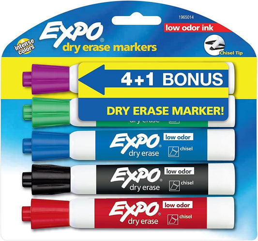 Expo Low Odor Dry Erase Markers, Chisel Tip, Assorted Colors, 5-Count