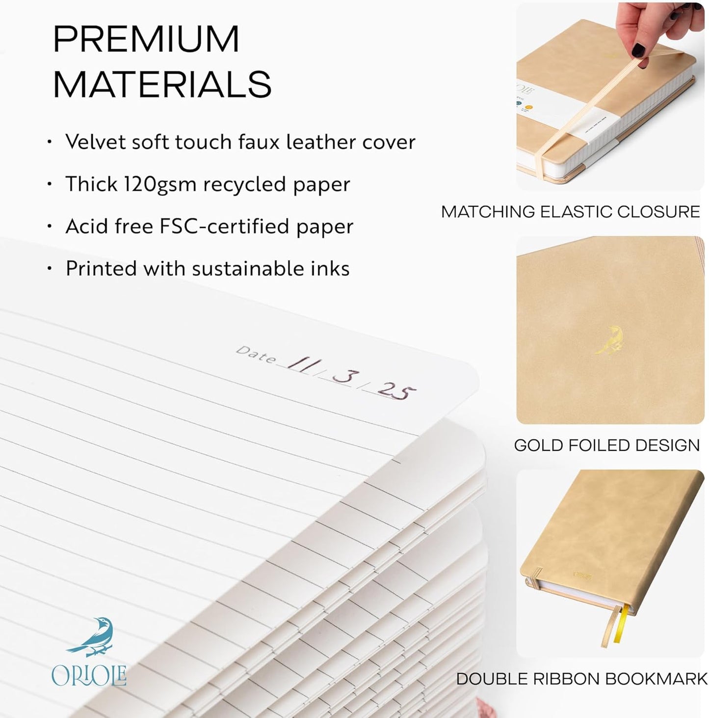 Oriole Vegan Leather Ruled Notebook - Chestnut Brown | 176 Pages of Thick Lined Paper | Soft Touch Hardcover Journal (5 x 8 in) with Gold Foil Bird Design & Luxury Gift Box