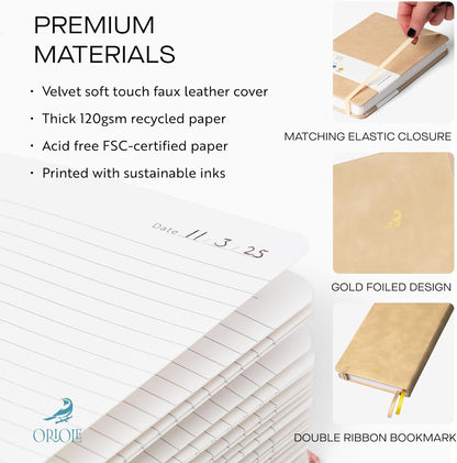 Oriole Vegan Leather Ruled Notebook - Chestnut Brown | 176 Pages of Thick Lined Paper | Soft Touch Hardcover Journal (5 x 8 in) with Gold Foil Bird Design & Luxury Gift Box
