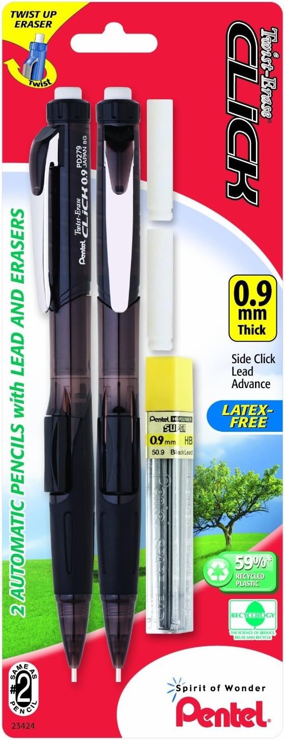Pentel Twist Erase Click Automatic Pencil with 2 Eraser Refills and Lead, 0.9 mm, Assorted Barrels, Color May Vary, 2 Pack (PD279TLEBP2)