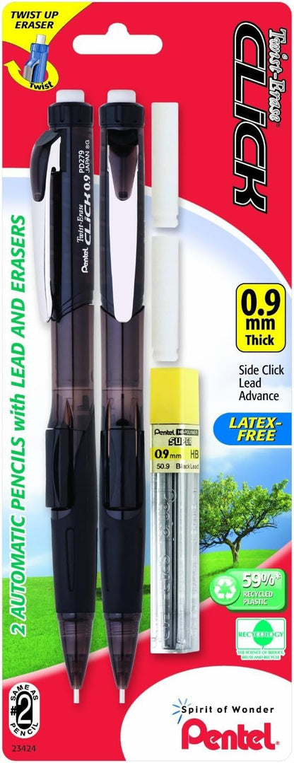 Pentel Twist Erase Click Automatic Pencil with 2 Eraser Refills and Lead, 0.9 mm, Assorted Barrels, Color May Vary, 2 Pack (PD279TLEBP2)