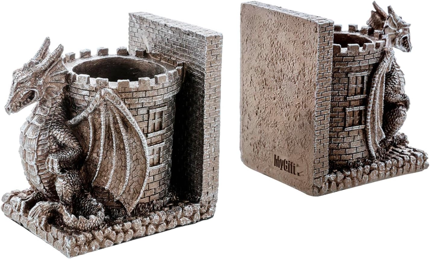 Bookends Dragon, Gothic Black Resin Dragon Guarding Castle Pencil Cup Bookends, Office Desk Book Ends with Decorative Fantasy Dragons and Stone Tower Pen Holders, 1 Pair