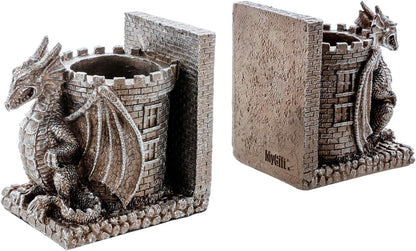 Bookends Dragon, Gothic Black Resin Dragon Guarding Castle Pencil Cup Bookends, Office Desk Book Ends with Decorative Fantasy Dragons and Stone Tower Pen Holders, 1 Pair