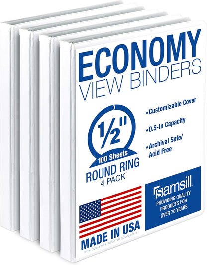 Samsill 1.5 Inch 3 Ring Binders, Economy Round Ring, Clear View Cover, 325 Sheet Capacity - for School, Home, Office - White, 4 Pack