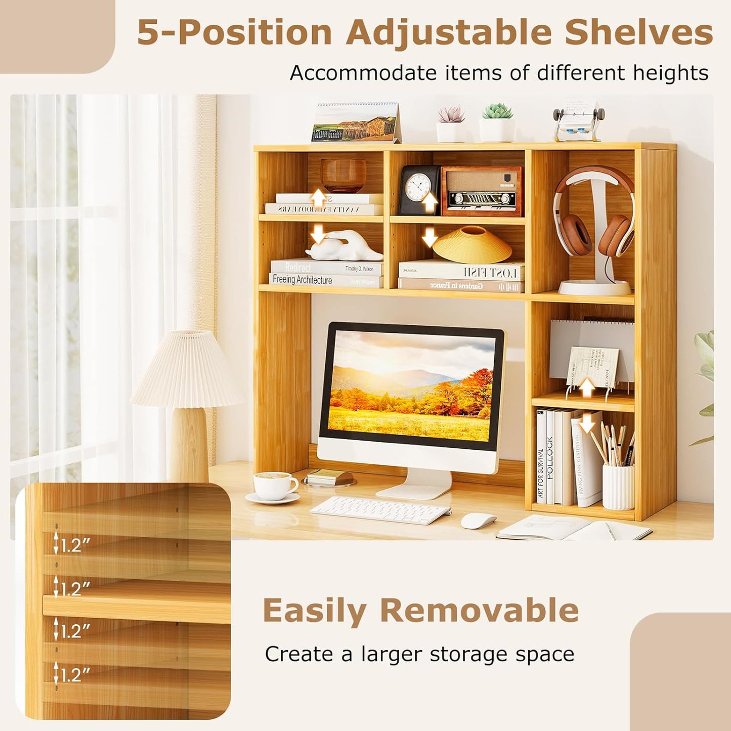 Tangkula Desktop Bookshelf, Countertop Storage Hutch with 5 Shelves for Computer Desk, Desk 3-Tier Display Rack, Multipurpose Wood Desktop Hutch Storage Organizer for Dorm Office Home