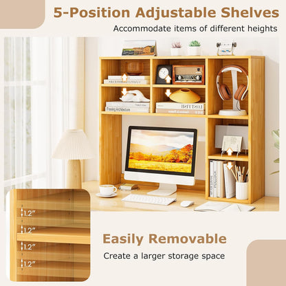 Tangkula Desktop Bookshelf, Countertop Storage Hutch with 5 Shelves for Computer Desk, Desk 3-Tier Display Rack, Multipurpose Wood Desktop Hutch Storage Organizer for Dorm Office Home