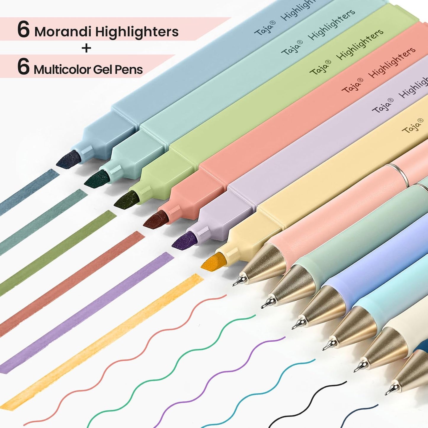 Taja 12 Pack Bible Highlighters and Pens Set No Bleed, 6 Aesthetic Pastel Highlighters and 6 Black Ink Pens for Bible Study, Journaling, School and Office Supplies