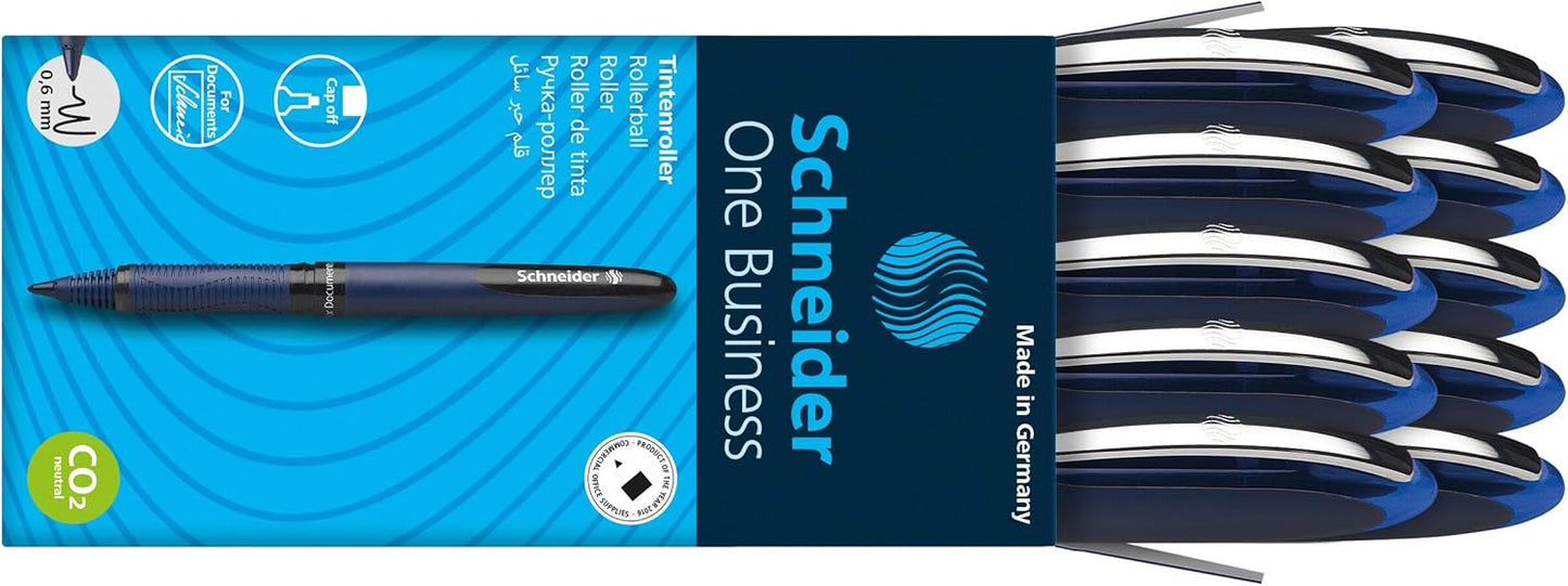 Schneider One Business Rollerball Pen, 0.6 mm Ultra-Smooth Tip, Blue Barrel, Black Ink, Box of 10 Pens (183001)