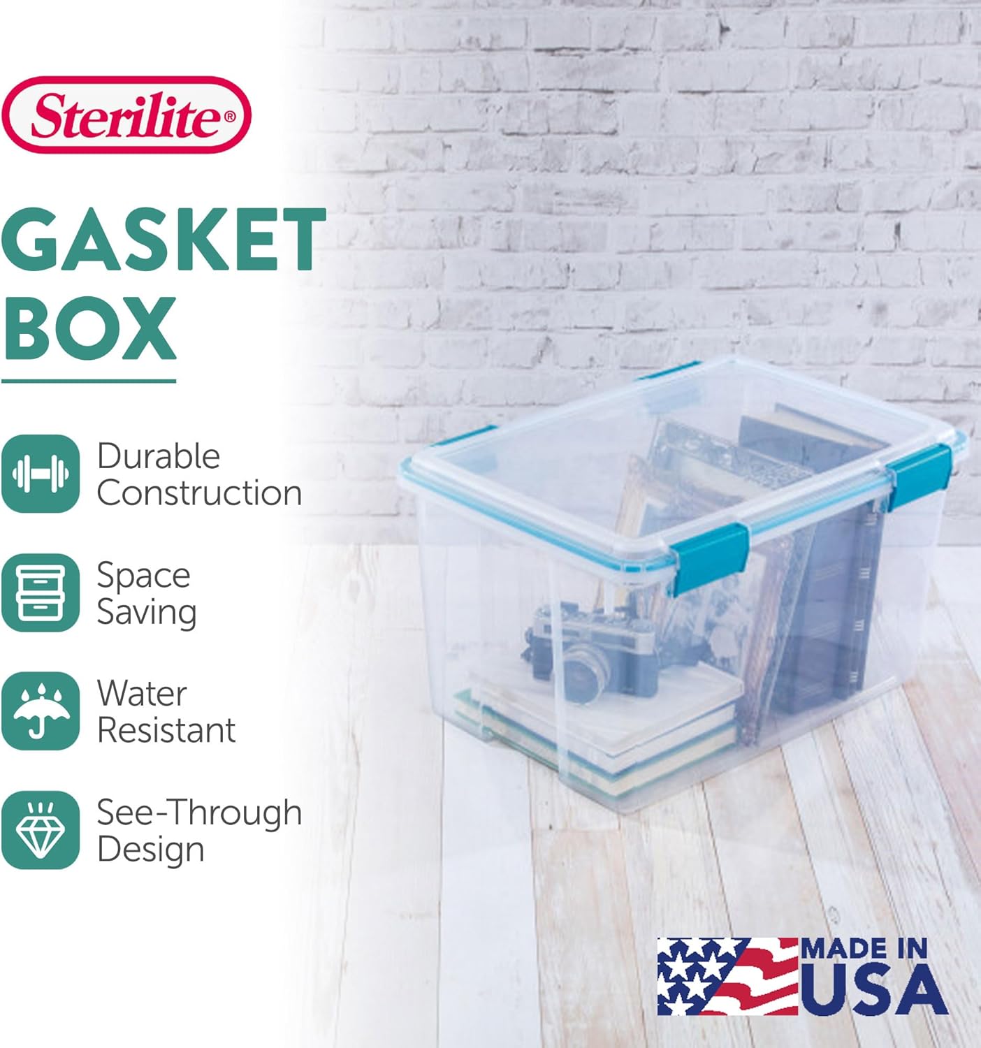 Sterilite 4-Pack Gasket Box, Weather-Resistant Storage Bins with Latching Lids, 32 Quart - Heavy-Duty Organizing Containers for Closet, Bathroom, and Office