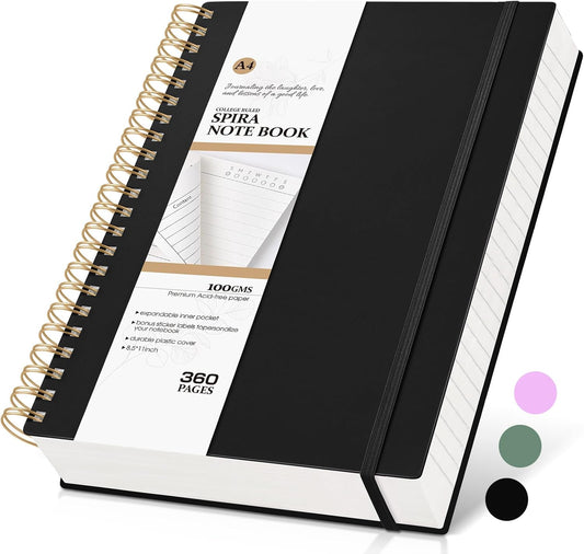 MUAHLIUB Spiral Notebook Journal College Ruled, 360 Pages Lined Thick Journals for Women Men, B5 Big Notebooks with 100GSM Paper, Spiral Bound Journaling for Writing Work School Black 7.6"×10"