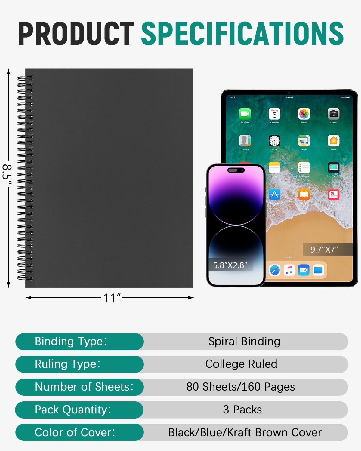 Dynta 3Packs Large Spiral Notebooks 8.5 "x 11" Lined College Ruled Journals for Work, School, Good for Students and Office, 160 Pages/80 Sheets with 100 GSM Lined Paper(3 Colors)