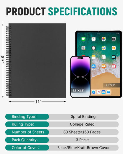 Dynta 3Packs Large Spiral Notebooks 8.5 "x 11" Lined College Ruled Journals for Work, School, Good for Students and Office, 160 Pages/80 Sheets with 100 GSM Lined Paper(3 Colors)