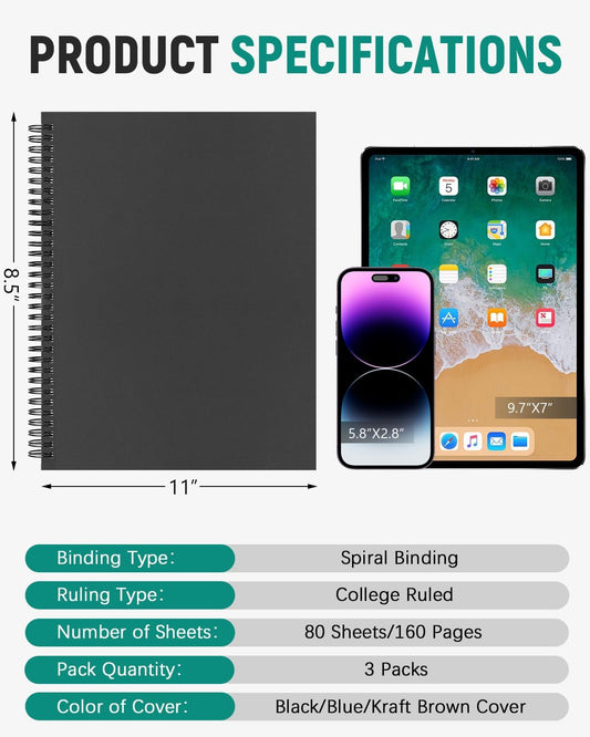 Dynta 3Packs Large Spiral Notebooks 8.5 "x 11" Lined College Ruled Journals for Work, School, Good for Students and Office, 160 Pages/80 Sheets with 100 GSM Lined Paper(3 Colors)