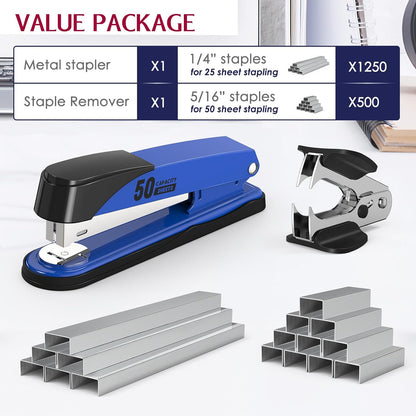 Metal Stapler Heavy Duty 50 Sheet Capacity with 1750 Staples and Staple Remover, Full Strip Staplers for Desk, No Jam, Non-Slip for Office & Classroom, Black