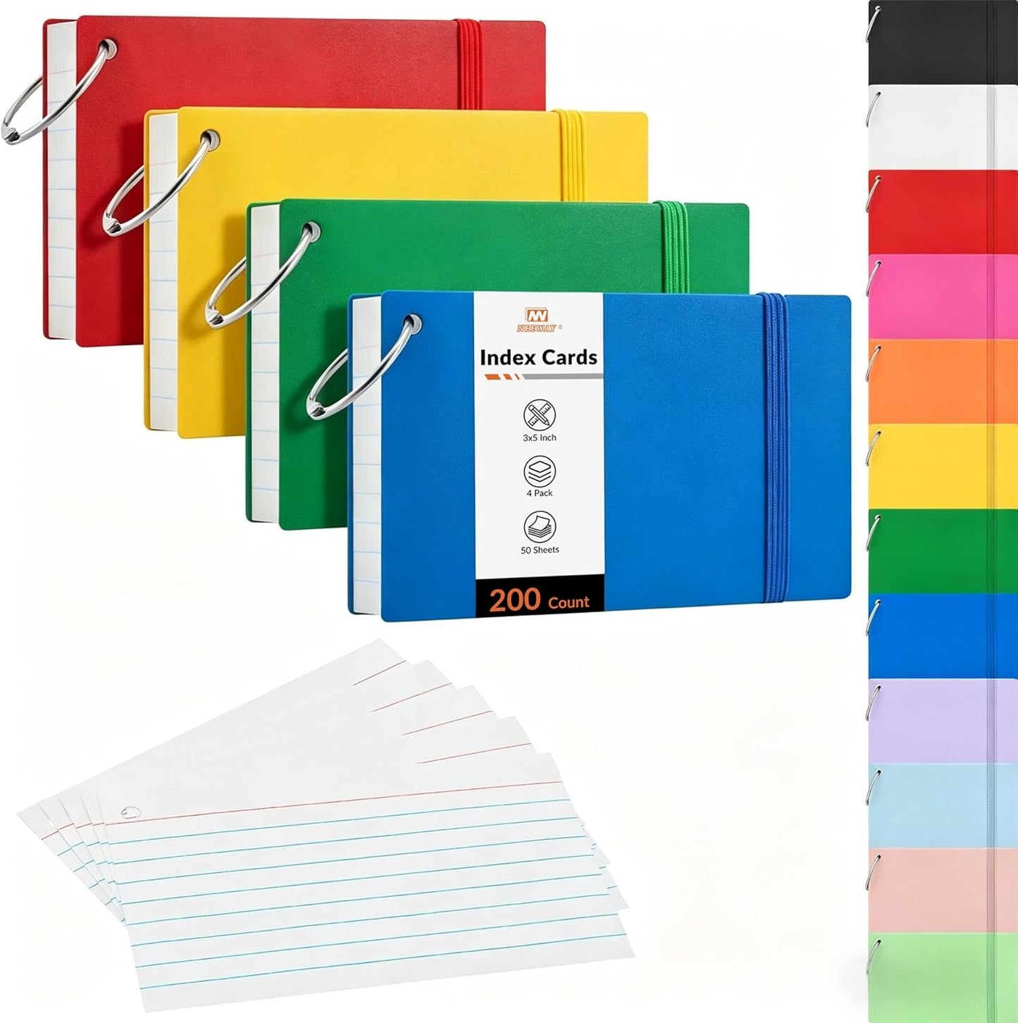 NEEWAY Ruled Index Cards with Ring 3x5 Inches, 200 Count Note Cards Lined, Flash Cards with Rings for Studying, Home and Office (Black)