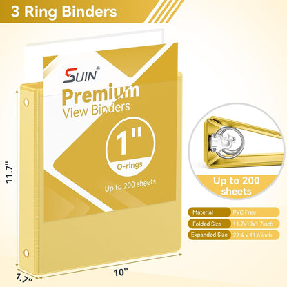 SUIN 1 Inch 3 Ring Binder, Clear 1'' View Presentation Binders with 2 Pockets, Fits 8.5 x 11 Letter Size, Durable Polypropylene, Non-Stick & PVC-Free for School, Office & Home (Orange)