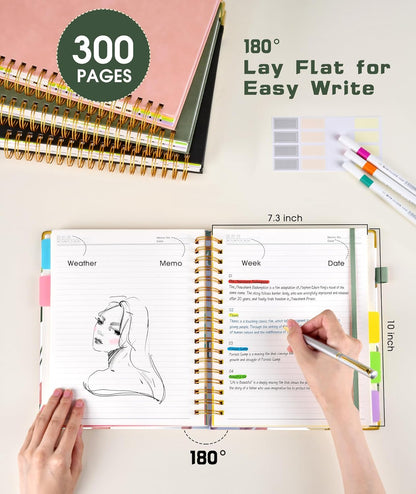 Hardcover Spiral Notebook Journal with Removable Dividers Tabs, 300 Pages Leather 5 Subject Notebook College Ruled, 8"x10" Large B5 Notebooks for Work School Note taking, Lined Journal for Women, Pink