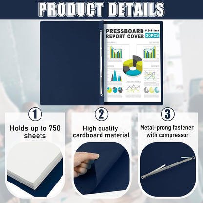 Dunzoom 30 Pcs 8.5'' x 11'' Pressboard Report Cover, 3'' Capacity Metal Prong Fastener with Compressor, Letter Size, Presentation Folder to Neatly Bind Report, Proposal Document (Black)