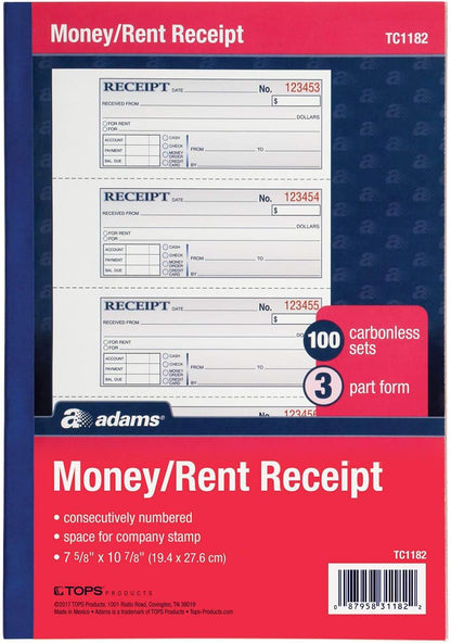 Adams Money and Rent Receipt Books, 3-Part Carbonless, 7-5/8" x 10-7/8", Bound Wraparound Cover, 100 Sets per Book, 4 Receipts per Page, 5 Books per Pack (TC1182-5)