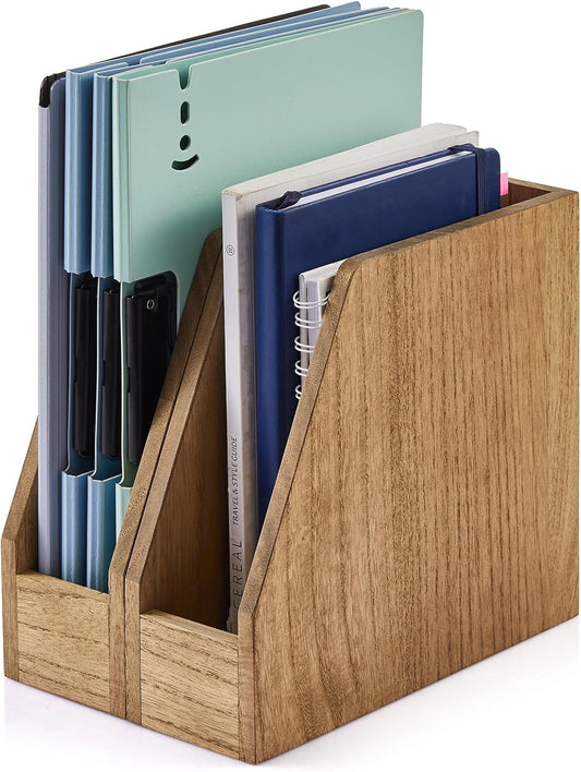 KIRIGEN Wood File Folder Holder Desktop Document Rack Organizer Desk Paper Holder Storage Sorter 2 Packs 2TWJJ-NA
