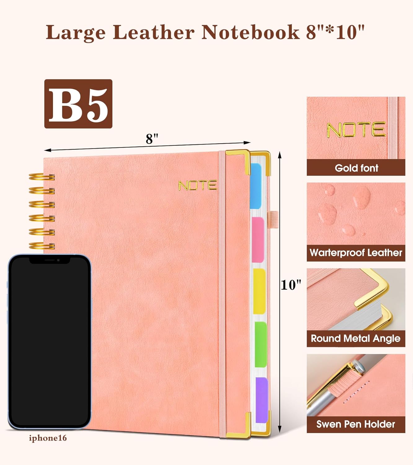 Hardcover Large Spiral Notebook 8.5" x 11" with Removable Dividers Tabs, 300 pages Leather 5 Subject Notebook College Ruled, A4 Journal for Women Men, Notebooks for Work School Note taking,Black