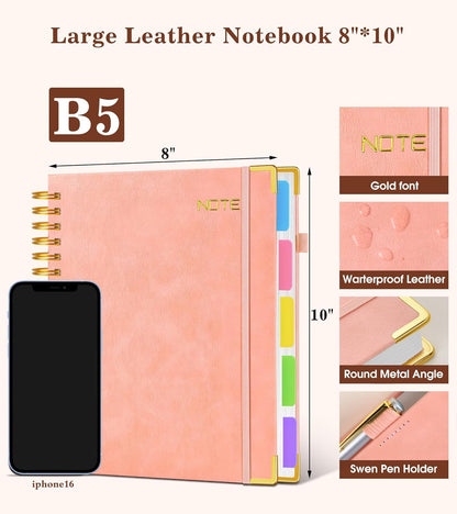 Hardcover Large Spiral Notebook 8.5" x 11" with Removable Dividers Tabs, 300 pages Leather 5 Subject Notebook College Ruled, A4 Journal for Women Men, Notebooks for Work School Note taking,Black