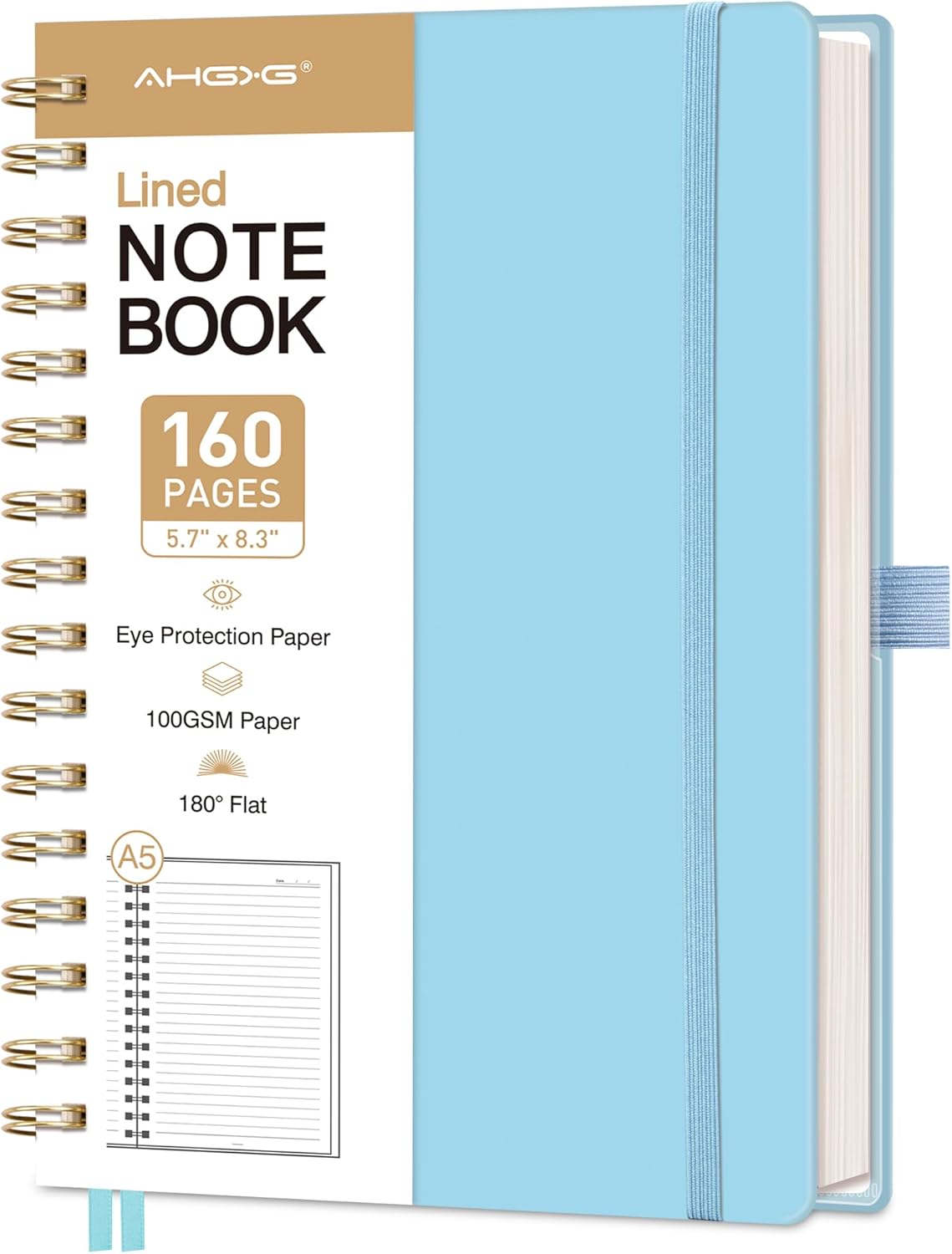 AHGXG Spiral Journal Notebook, 160 Lined Pages, A5 Medium Size (5.7'' x 8.3''), for Men & Women, Journaling, Writing, Work & Office, Hardcover, 100 GSM Thick Paper (Light Green)