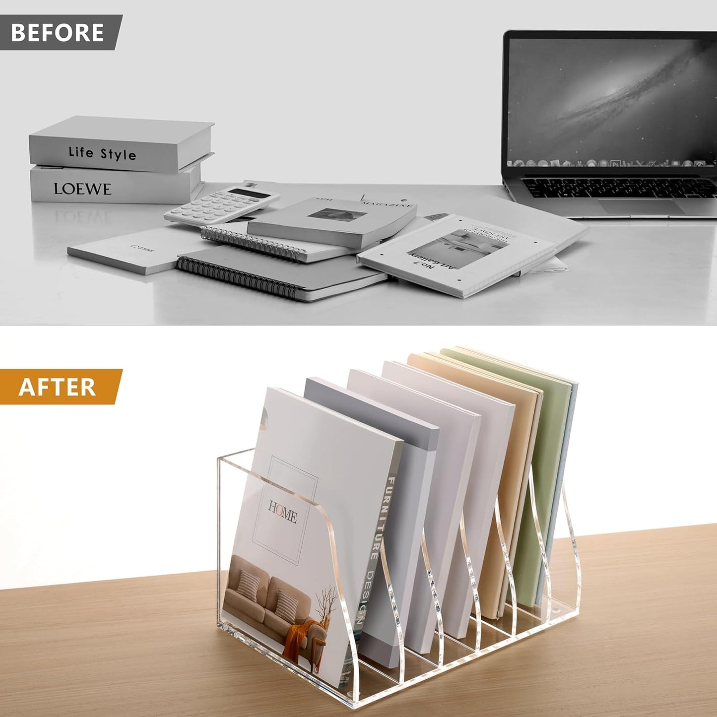 SANRUI Desk Organizer Clear Acrylic Desk Magazine File Holder with 3 Vertical Sections Magazine Rack File Organizer for Office, Home, School