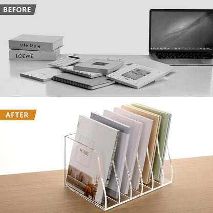SANRUI Desk Organizer Clear Acrylic Desk Magazine File Holder with 3 Vertical Sections Magazine Rack File Organizer for Office, Home, School