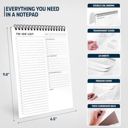 To Do List Notepad: With Multiple Functional Sections - 6.5 x 9.8" 60 Sheets - Spiral Daily Planner Notebook - Task CheckList Organizer Agenda Pad for Work - Note & Todo List Organization Notebooks