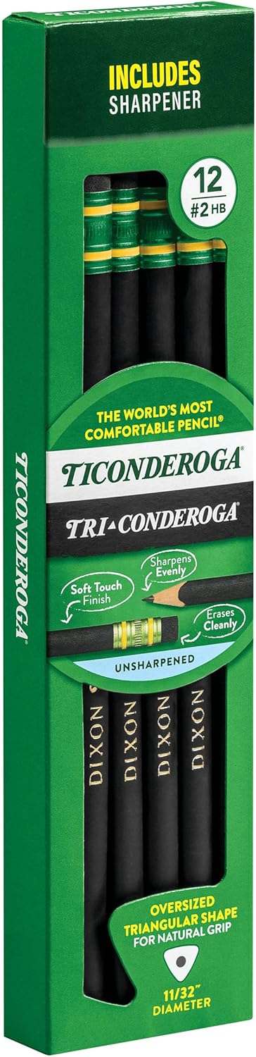 Ticonderoga Tri-Conderoga Triangular Pencils, Wood-Cased #2, Sharpener, Soft Touch Comfort Barrel, Black, 12-Pack (22500)