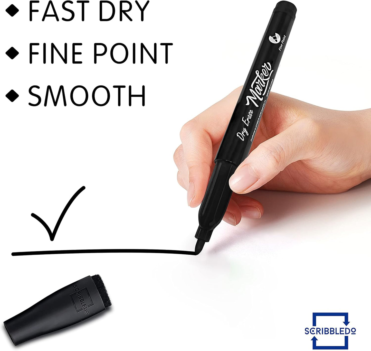 Scribbledo 36-Pack Black Fine Tip Dry Erase Markers with Eraser Cap | Low-Odor Whiteboard Markers for Office, Workplace, Medical & Professional Use