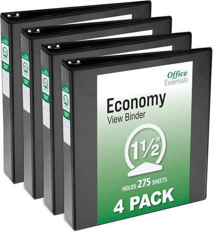 Office Essentials Economy View 3 Ring Binders, 2" Round Rings, 2.8" Spine, 375-Sheet Capacity, Black Binders (4-Pack of 03147)