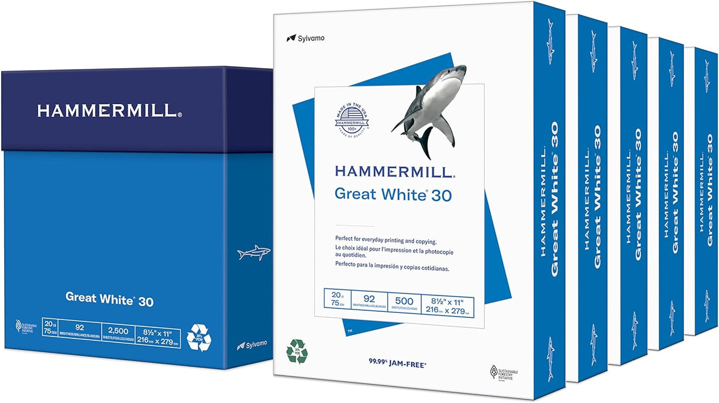 Hammermill Printer Paper, Great White 30% Recycled Paper, 8.5 x 11 - 3 Ream (1,500 Sheets) - 92 Bright, Made in the USA