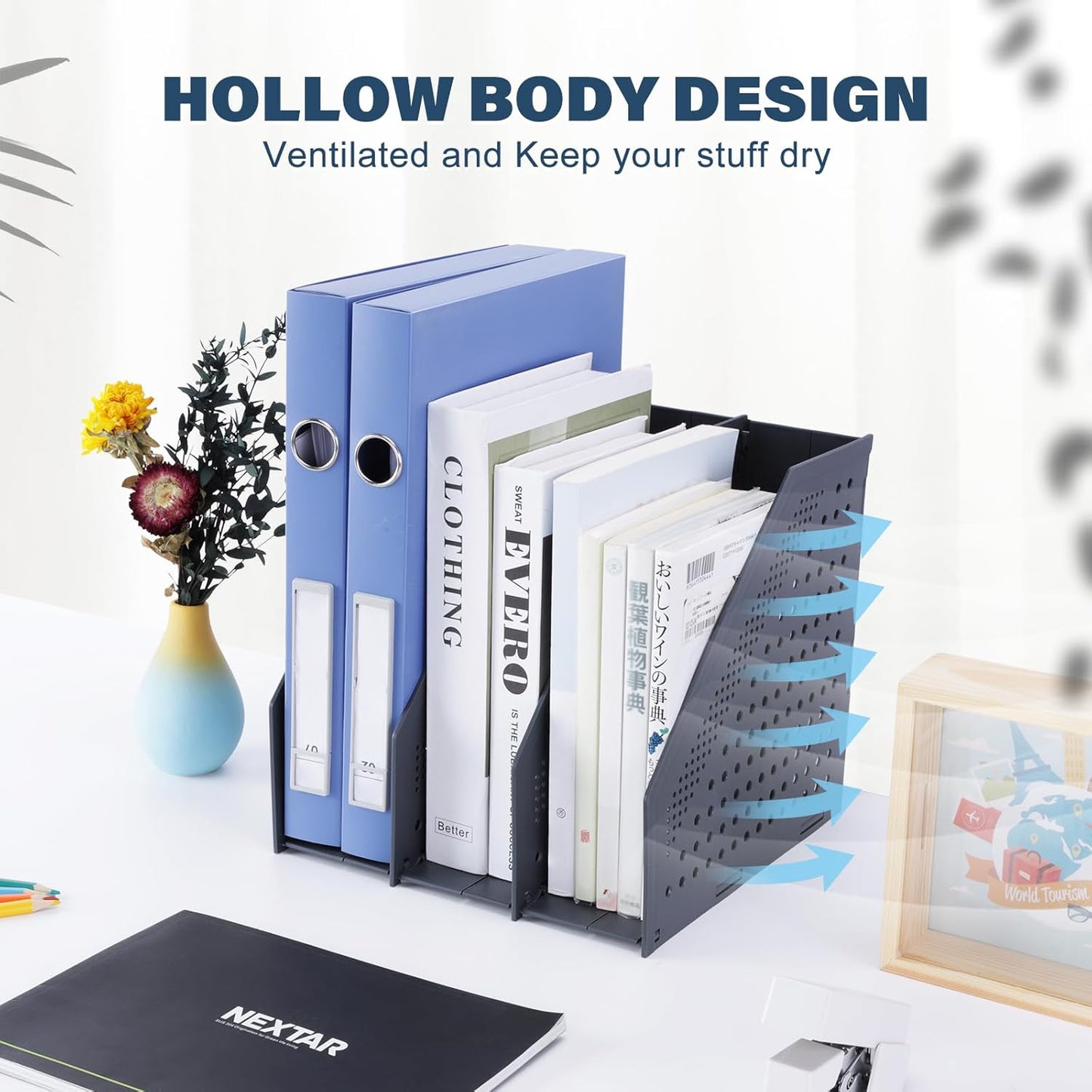 FRETONBA Collapsible Magazine File Holder with 2 Vertical Compartments Foldable Binder Holder for Desk Binder Storage Organizer Plastic Magazine Holders for Shelf, Light Gray