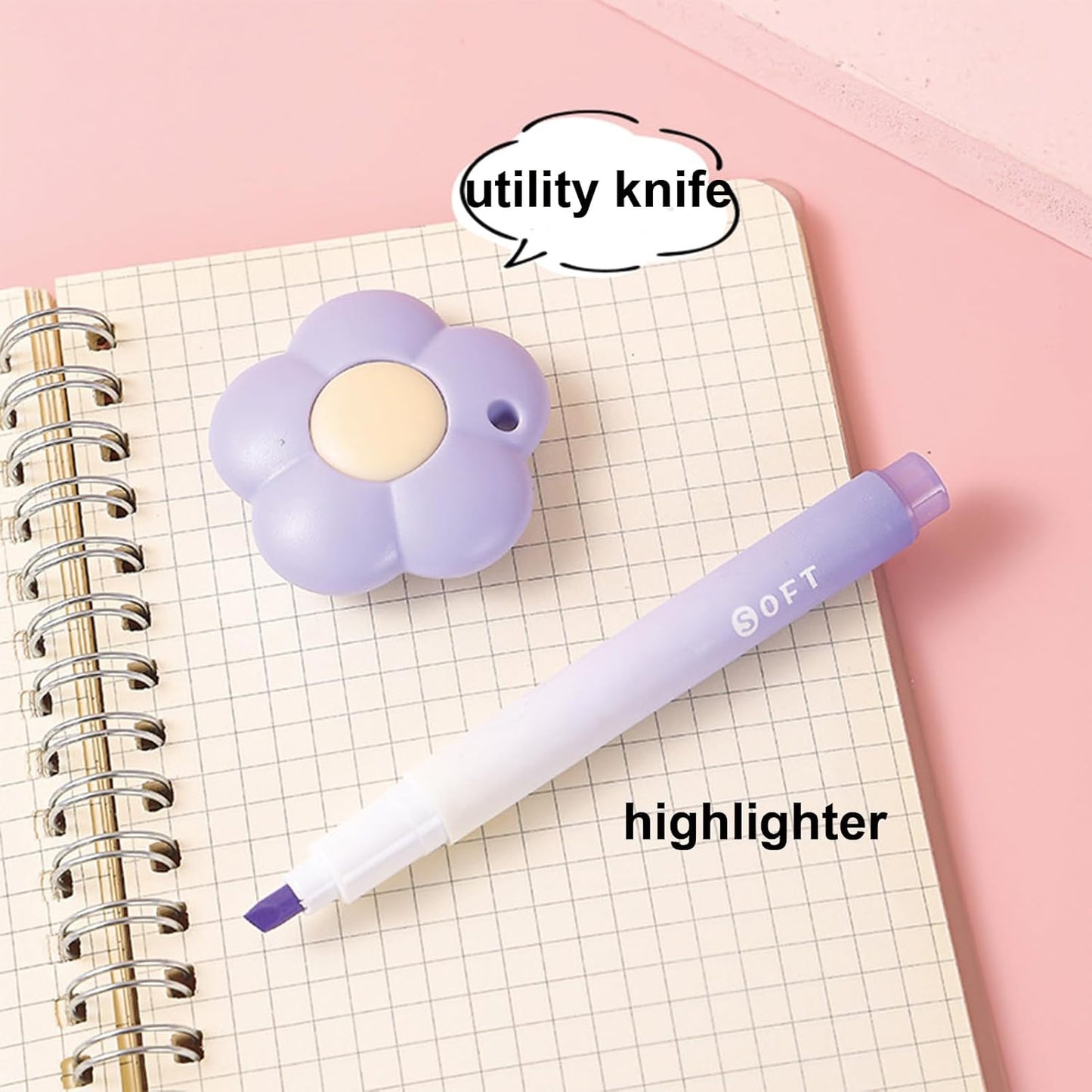 7 Pcs Cute Blue Stationery Set Kawaii School Supplies Office Supplies Including Ballpoint Pens Pencil Sharpener Highlighter Correction Tape Ruler Utility Knife (Blue)