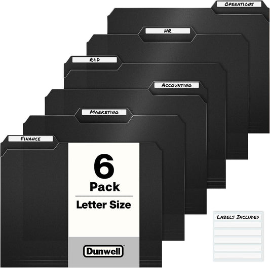 Dunwell Plastic Black 3-Tab Folders, (12 Pack), Sturdy 1/3 Tab File Folders for 8.5x11 Documents, Plastic Manila Filing Sleeves, Acid-Free Poly, Includes Labels